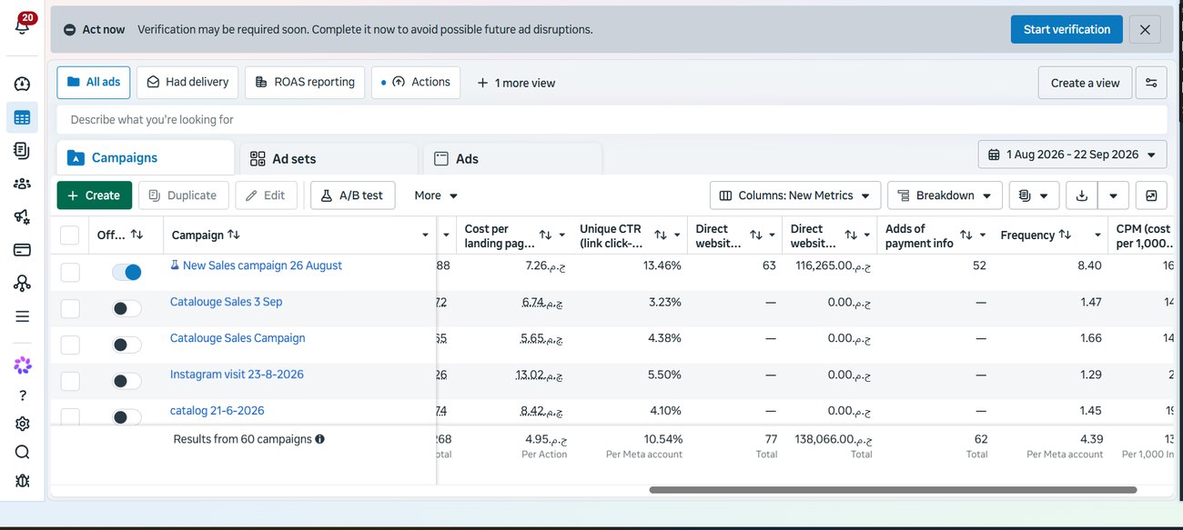 E-commerce ads manager results screenshot